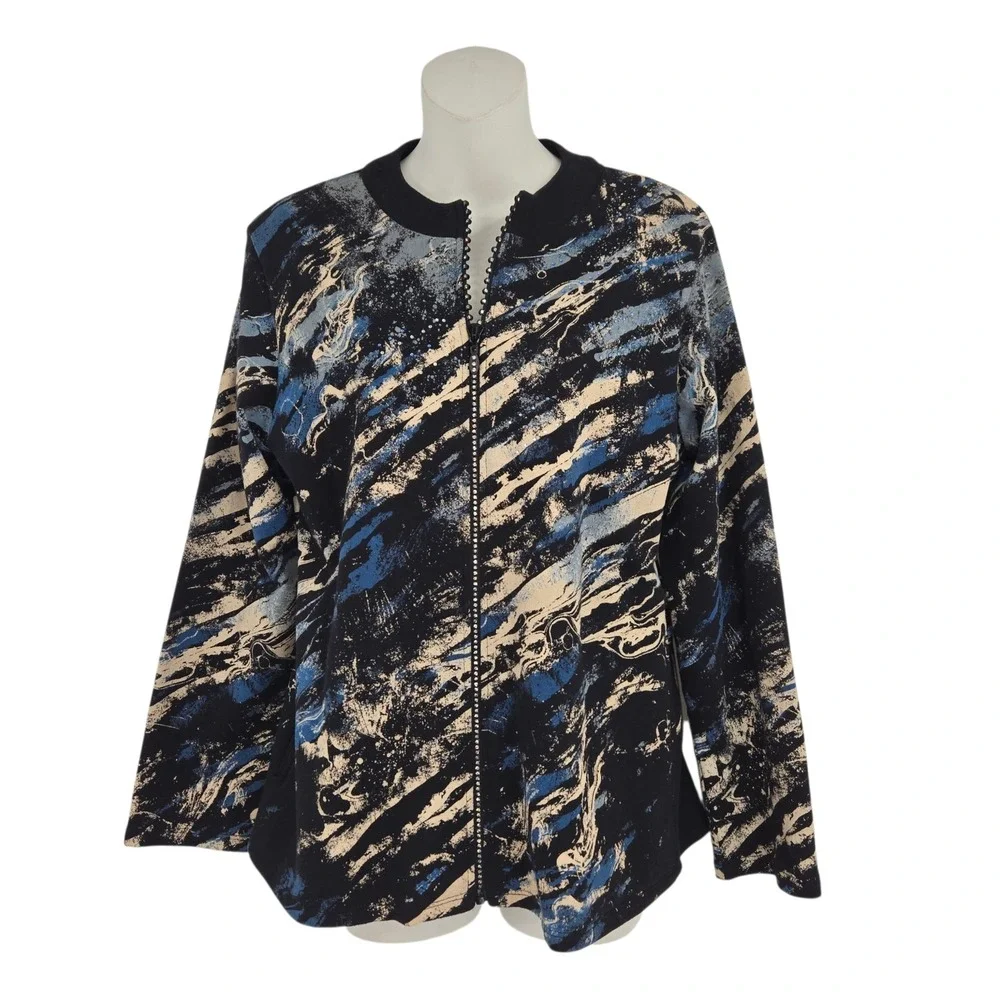 Jess & Jane Jacket Women S Blue Waves Full‎ Zip Rhinestone Abstract Artsy Casual